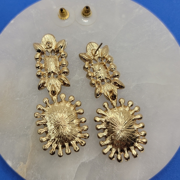 Chunky Rhinestone Dangle Earrings Caramel and Cream Statement - Picture 2 of 10